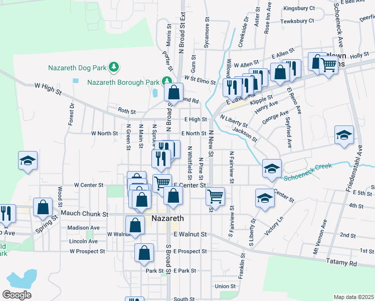 map of restaurants, bars, coffee shops, grocery stores, and more near 137 North Whitfield Street in Nazareth