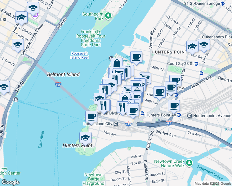 map of restaurants, bars, coffee shops, grocery stores, and more near in Queens