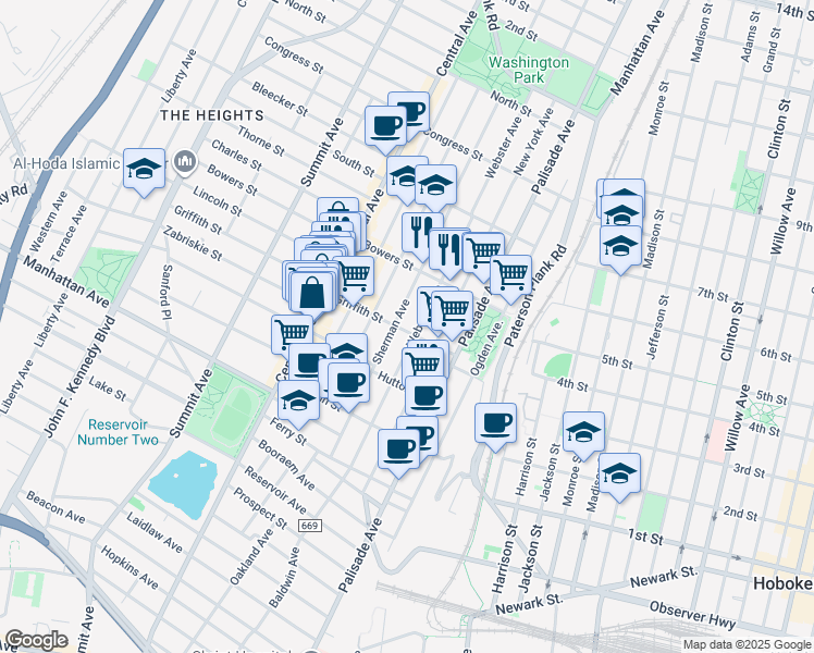map of restaurants, bars, coffee shops, grocery stores, and more near 86 Griffith Street in Jersey City