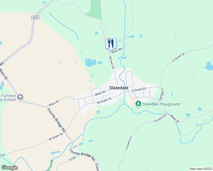 map of restaurants, bars, coffee shops, grocery stores, and more near 4033 Main Street in Slatedale