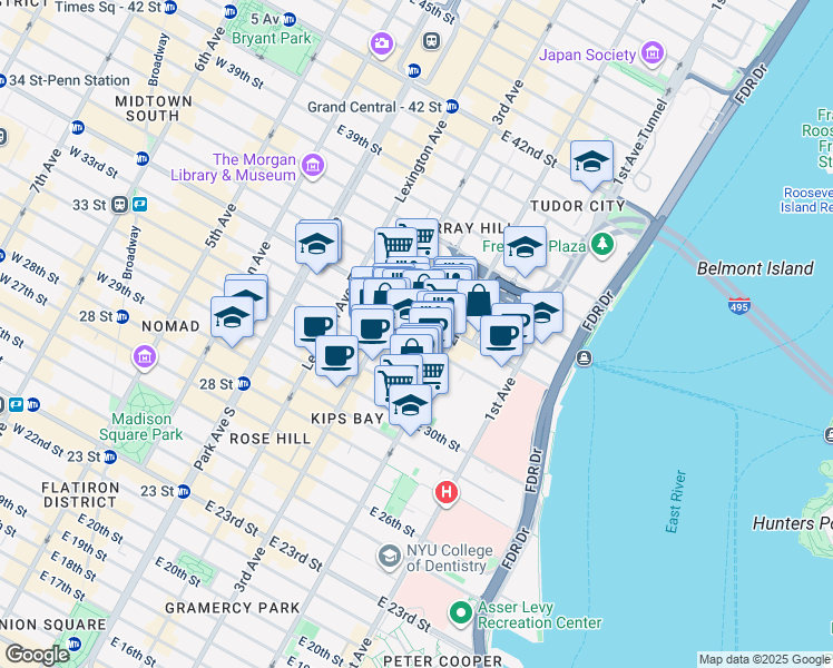 map of restaurants, bars, coffee shops, grocery stores, and more near 221 East 33rd Street in New York