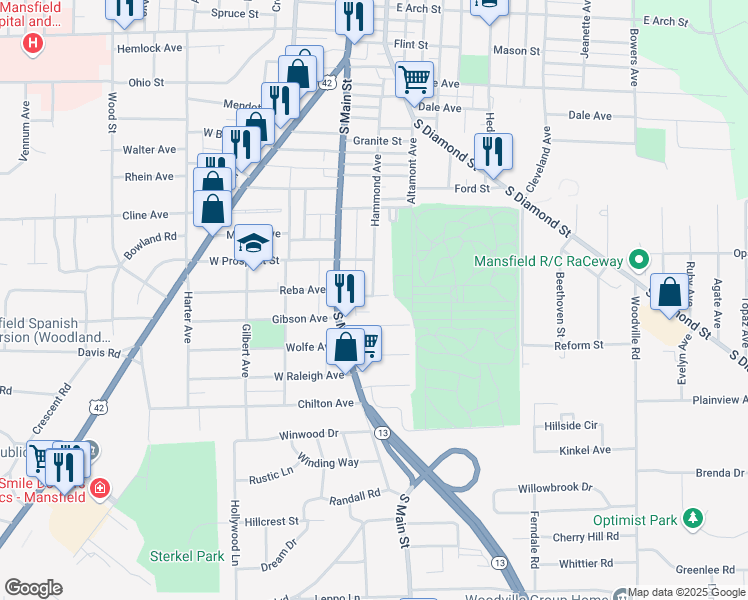 map of restaurants, bars, coffee shops, grocery stores, and more near 48 Mansfield Avenue in Mansfield