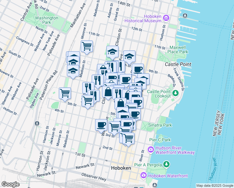 map of restaurants, bars, coffee shops, grocery stores, and more near in Hoboken