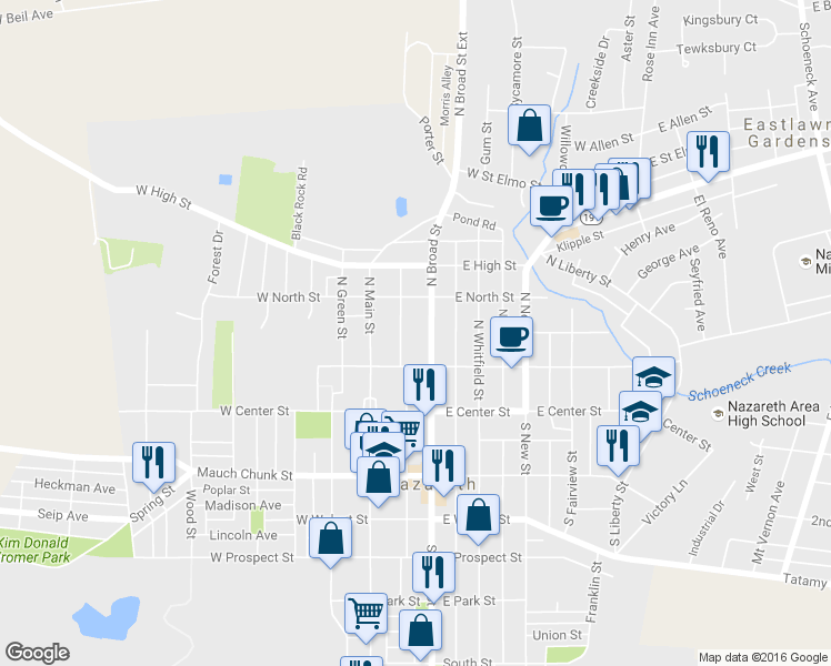 map of restaurants, bars, coffee shops, grocery stores, and more near 139 North Broad Street in Nazareth