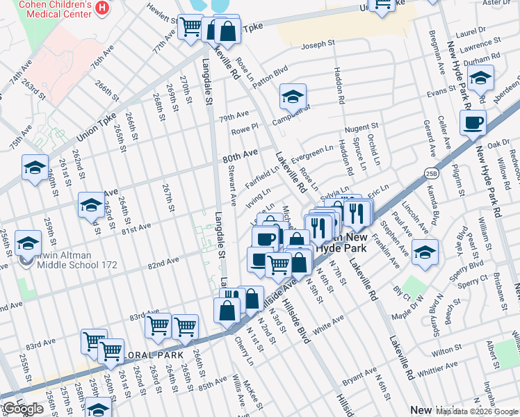 map of restaurants, bars, coffee shops, grocery stores, and more near 14 Peter Lane in New Hyde Park