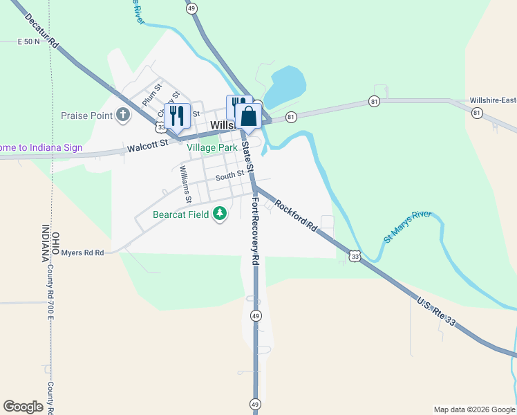 map of restaurants, bars, coffee shops, grocery stores, and more near 612 Ohio 49 in Willshire