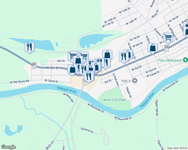 map of restaurants, bars, coffee shops, grocery stores, and more near 930 West Main Street in Peru