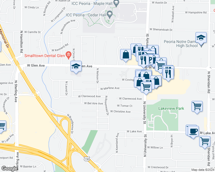 map of restaurants, bars, coffee shops, grocery stores, and more near 1617 West Marlene Avenue in Peoria