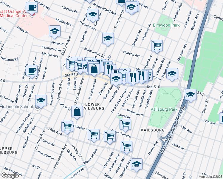 map of restaurants, bars, coffee shops, grocery stores, and more near 22 Sunset Avenue in Newark