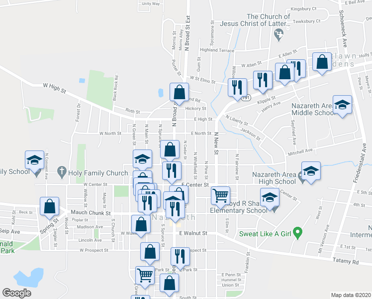map of restaurants, bars, coffee shops, grocery stores, and more near 137 North Cedar Street in Nazareth