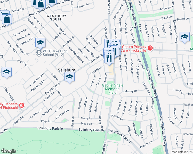 map of restaurants, bars, coffee shops, grocery stores, and more near 17 Lotus Lane in Westbury