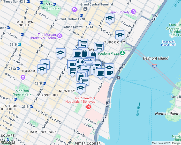 map of restaurants, bars, coffee shops, grocery stores, and more near 2nd Ave & E 34th St in New York