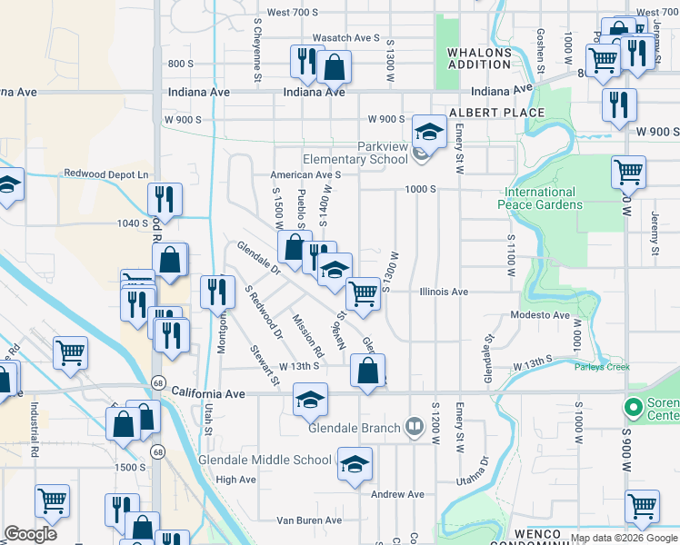 map of restaurants, bars, coffee shops, grocery stores, and more near 1364 Glenrose Drive South in Salt Lake City