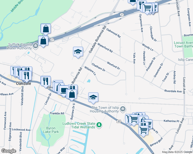 map of restaurants, bars, coffee shops, grocery stores, and more near 3612 Wilshire Lane in Oakdale