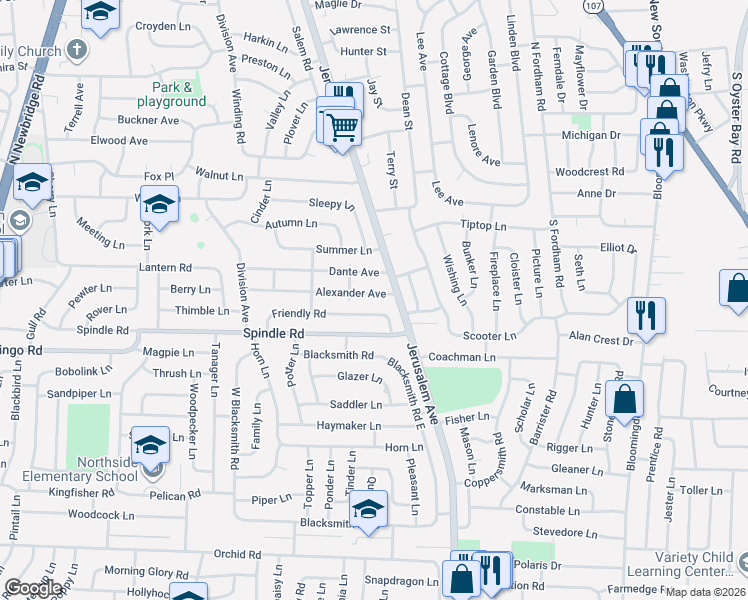 map of restaurants, bars, coffee shops, grocery stores, and more near 63 Friendly Road in Hicksville