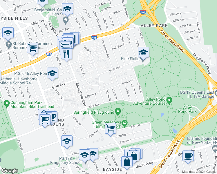 map of restaurants, bars, coffee shops, grocery stores, and more near 224-15 69th Avenue in Queens