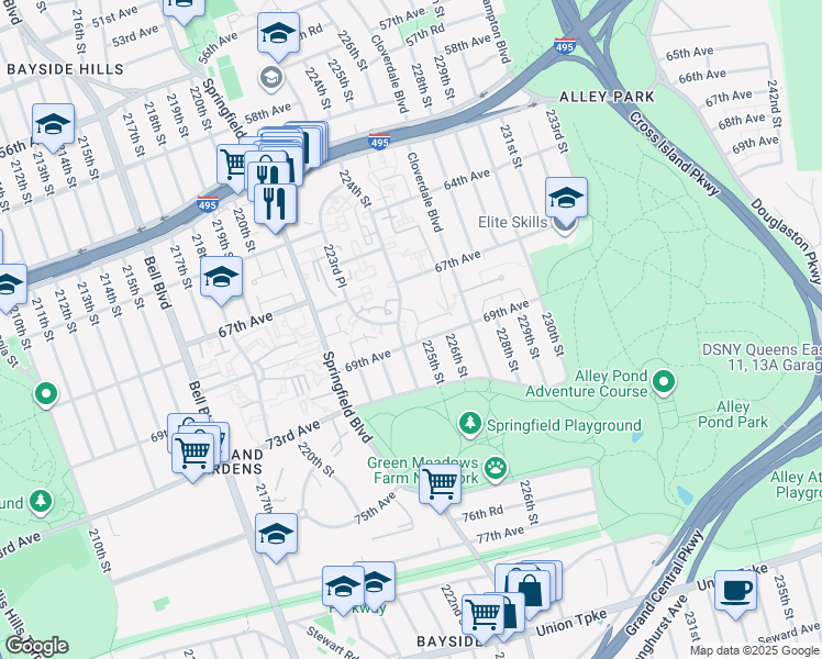 map of restaurants, bars, coffee shops, grocery stores, and more near 224-15 69th Avenue in Queens