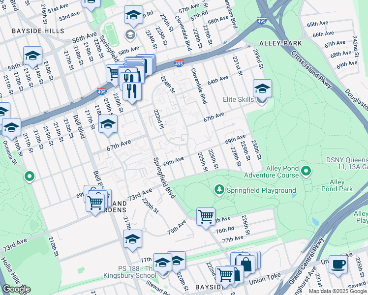 map of restaurants, bars, coffee shops, grocery stores, and more near 223-7 69th Avenue in Queens