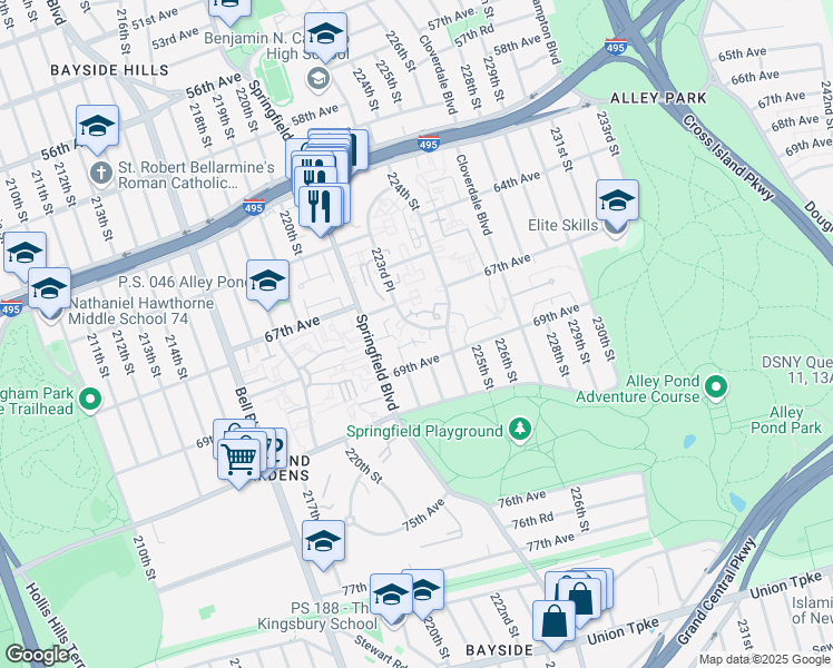 map of restaurants, bars, coffee shops, grocery stores, and more near 223-7 69th Avenue in Queens