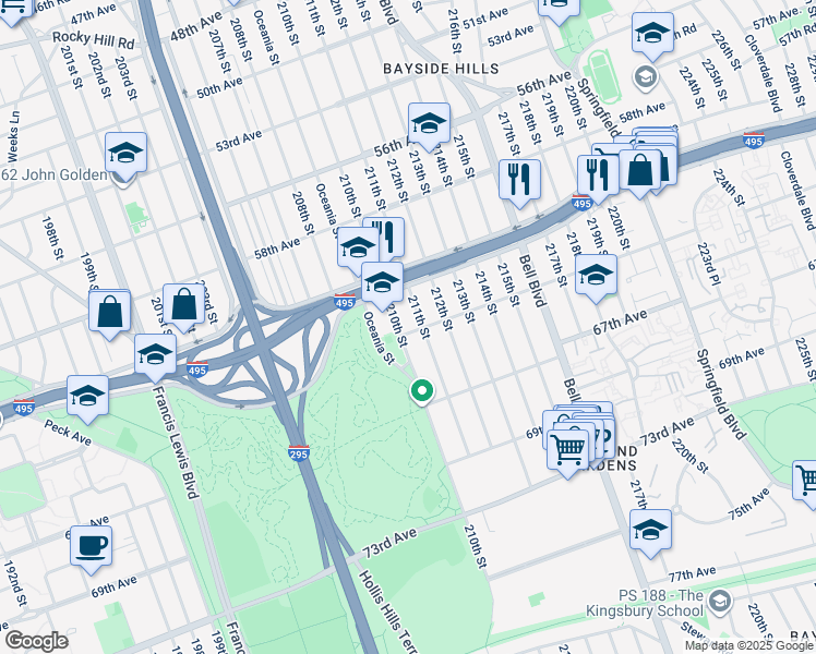 map of restaurants, bars, coffee shops, grocery stores, and more near 210-14 64th Avenue in Queens