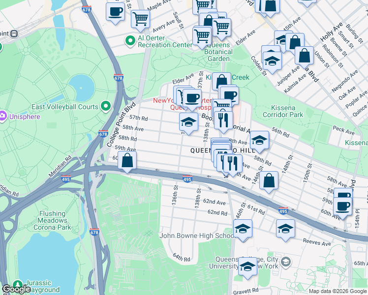 map of restaurants, bars, coffee shops, grocery stores, and more near 136-26 58th Road in Queens