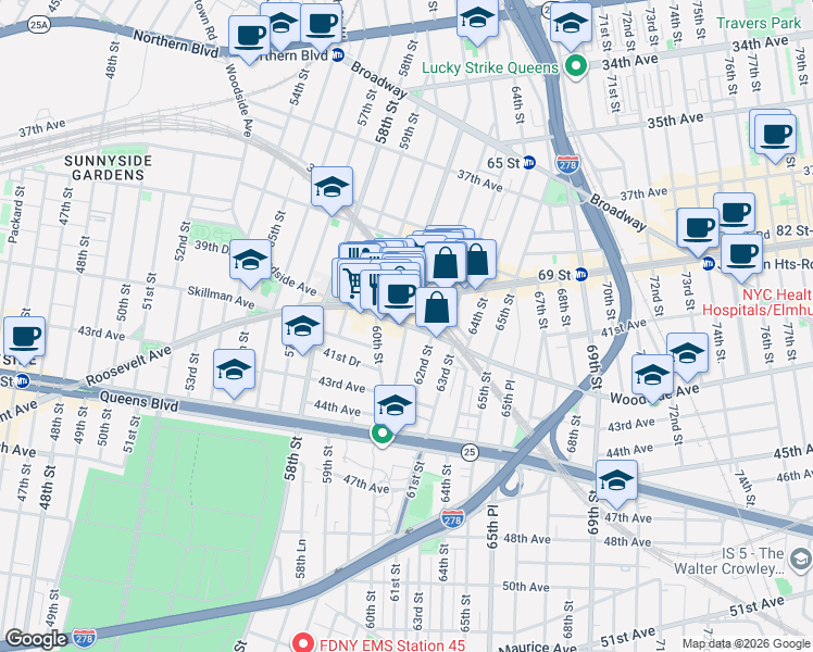 map of restaurants, bars, coffee shops, grocery stores, and more near 40-22 61st Street in Queens