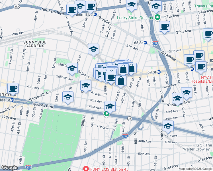 map of restaurants, bars, coffee shops, grocery stores, and more near 60-26 Woodside Avenue in Queens