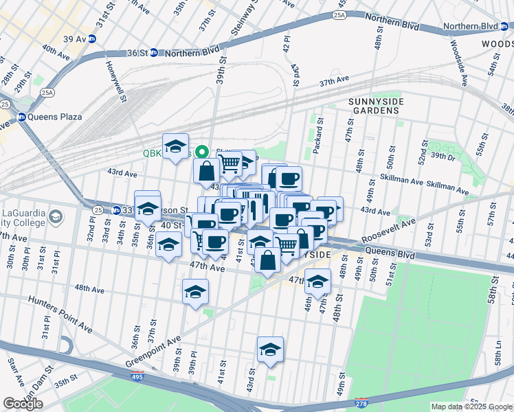 map of restaurants, bars, coffee shops, grocery stores, and more near in Queens