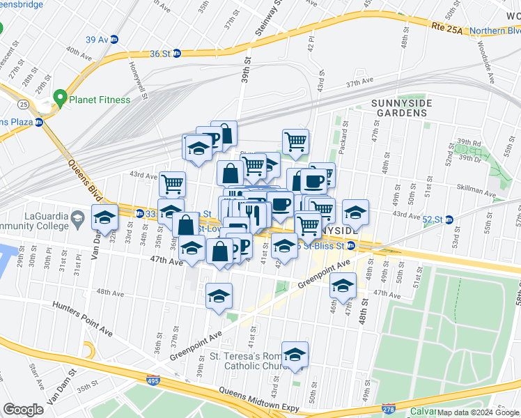 map of restaurants, bars, coffee shops, grocery stores, and more near in Queens
