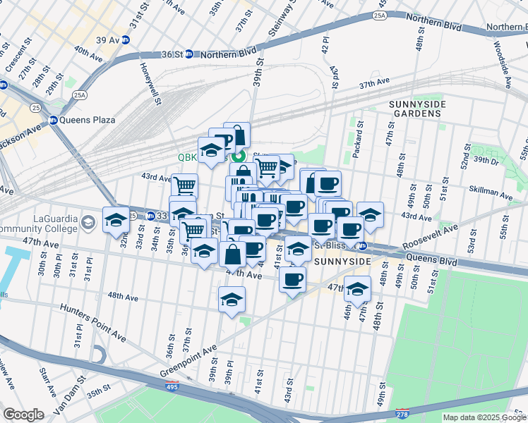 map of restaurants, bars, coffee shops, grocery stores, and more near in Queens