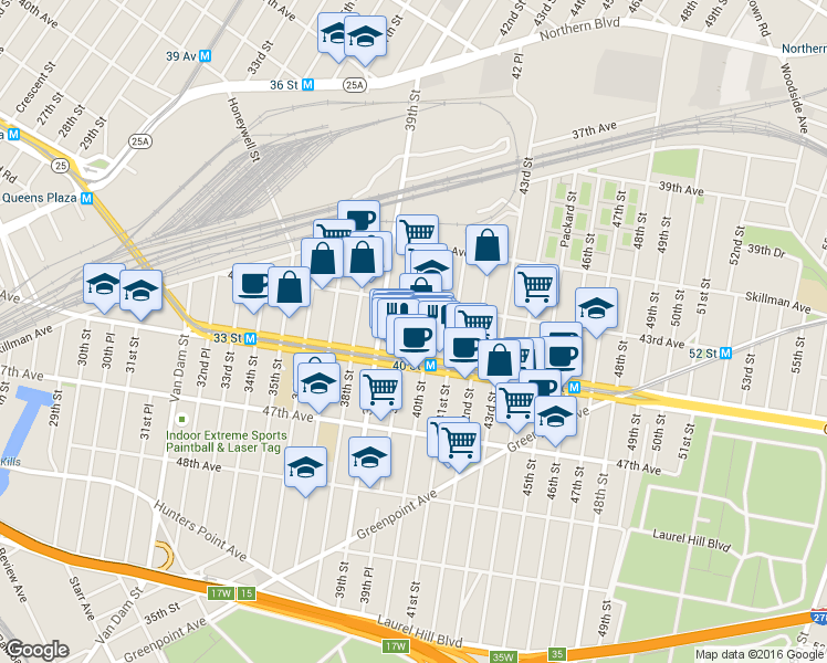 map of restaurants, bars, coffee shops, grocery stores, and more near in Queens