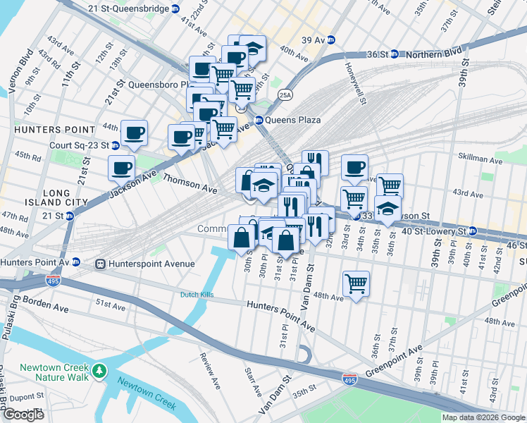 map of restaurants, bars, coffee shops, grocery stores, and more near 30-20 Thomson Avenue in Queens