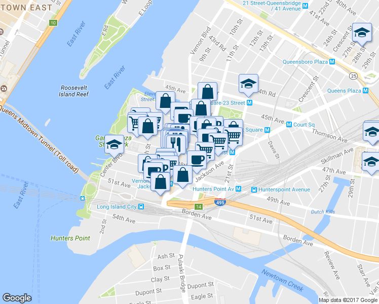 map of restaurants, bars, coffee shops, grocery stores, and more near 10-12 47th Road in Queens