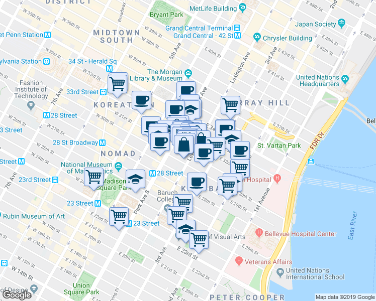 map of restaurants, bars, coffee shops, grocery stores, and more near 114 East 32nd Street in New York