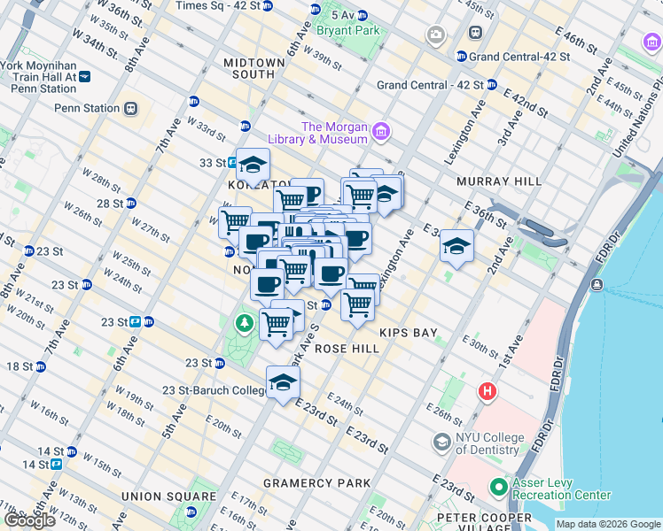map of restaurants, bars, coffee shops, grocery stores, and more near 79 Madison Avenue in New York