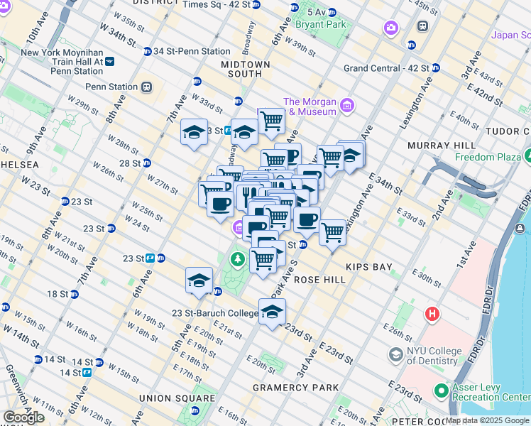 map of restaurants, bars, coffee shops, grocery stores, and more near 15 East 28th Street in New York