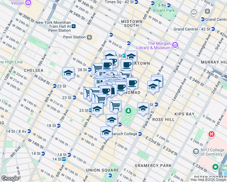 map of restaurants, bars, coffee shops, grocery stores, and more near 37w West 26th Street in New York