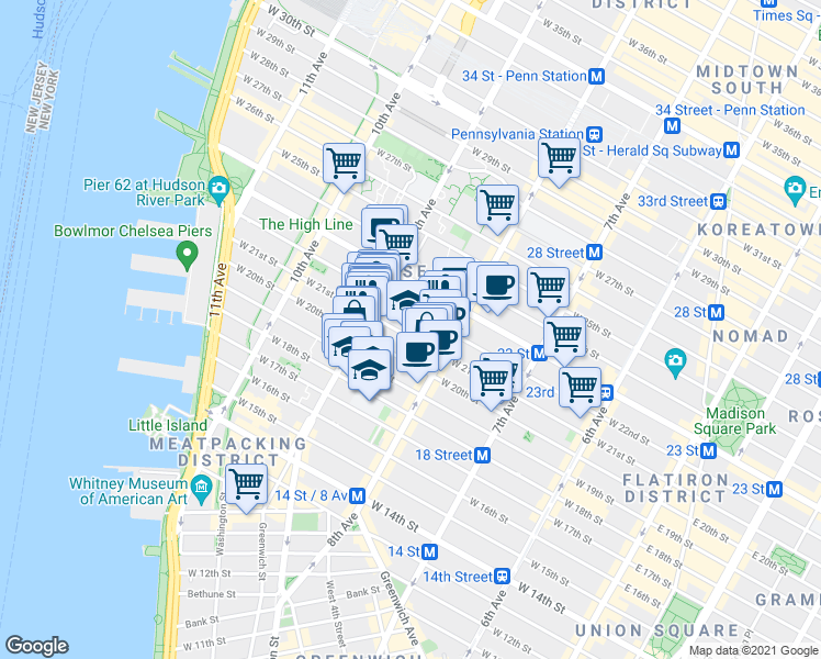 map of restaurants, bars, coffee shops, grocery stores, and more near 326 West 21st Street in New York