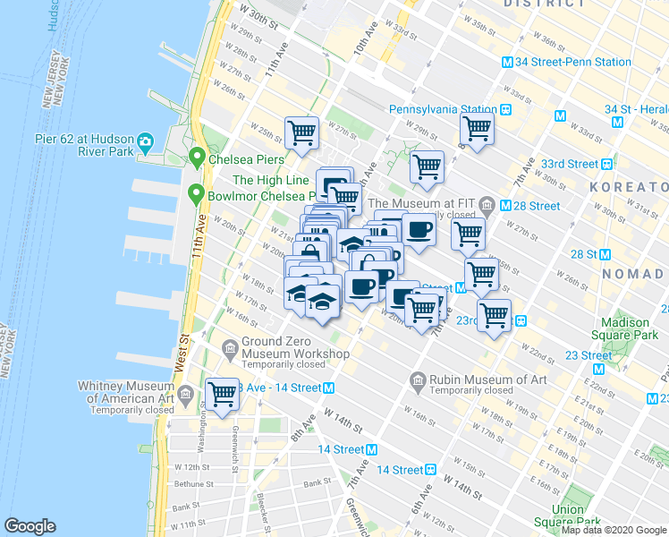 map of restaurants, bars, coffee shops, grocery stores, and more near 326 West 21st Street in New York