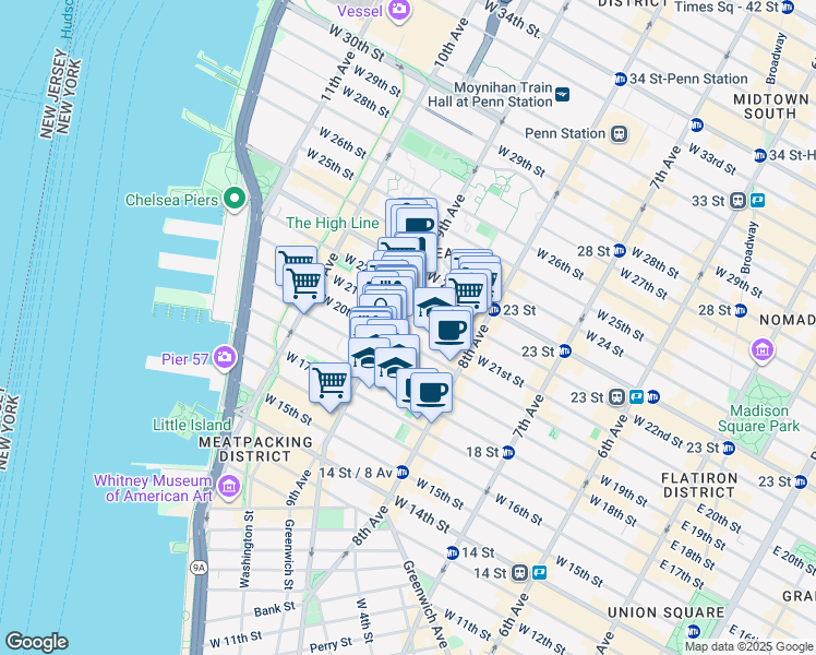 map of restaurants, bars, coffee shops, grocery stores, and more near 162 9th Avenue in New York