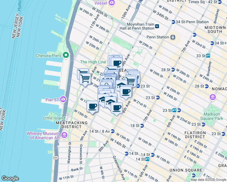map of restaurants, bars, coffee shops, grocery stores, and more near 162 9th Avenue in New York