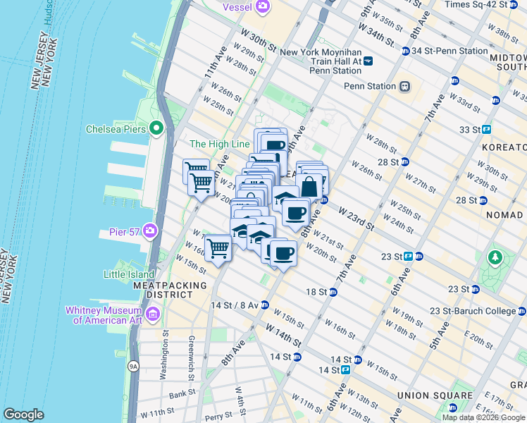 map of restaurants, bars, coffee shops, grocery stores, and more near 162 9th Avenue in New York