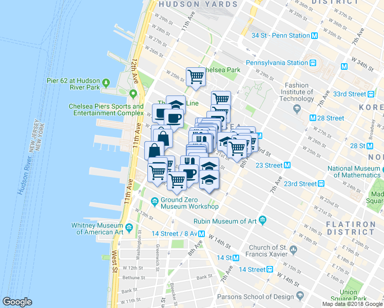 map of restaurants, bars, coffee shops, grocery stores, and more near 421 West 19th Street in New York
