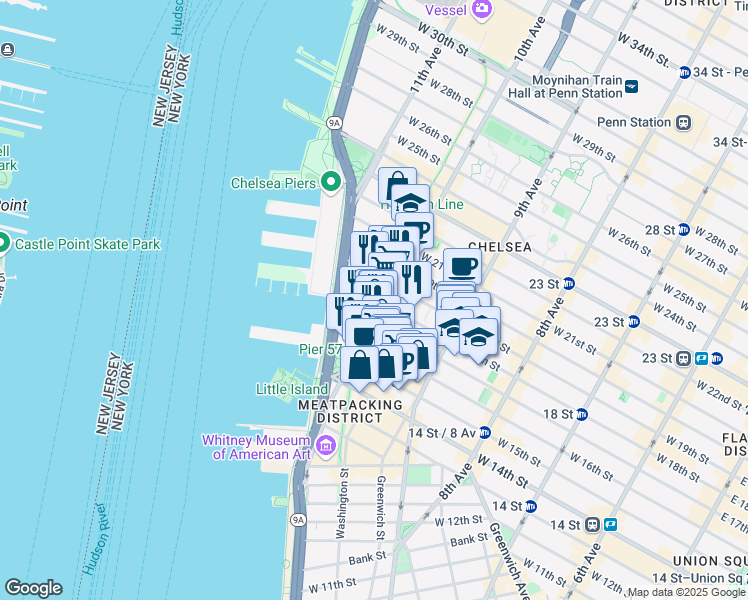 map of restaurants, bars, coffee shops, grocery stores, and more near 501 West 17th Street in New York