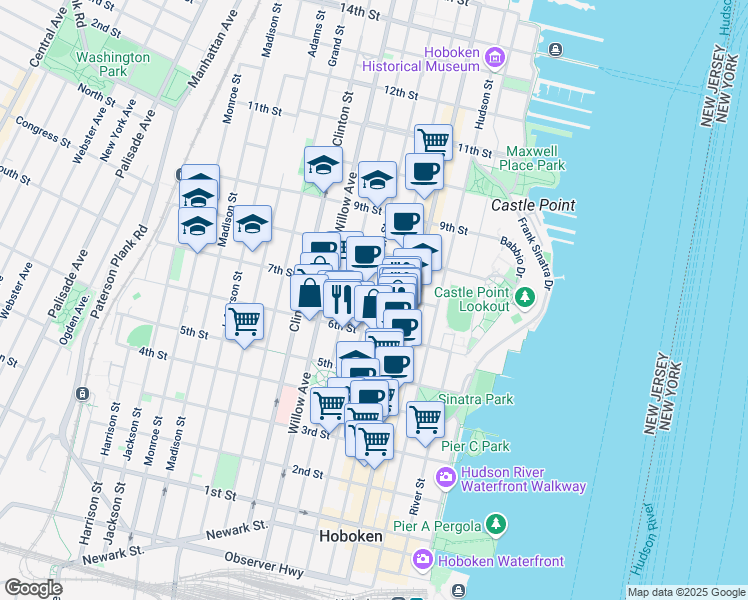 map of restaurants, bars, coffee shops, grocery stores, and more near 622 Garden Street in Hoboken