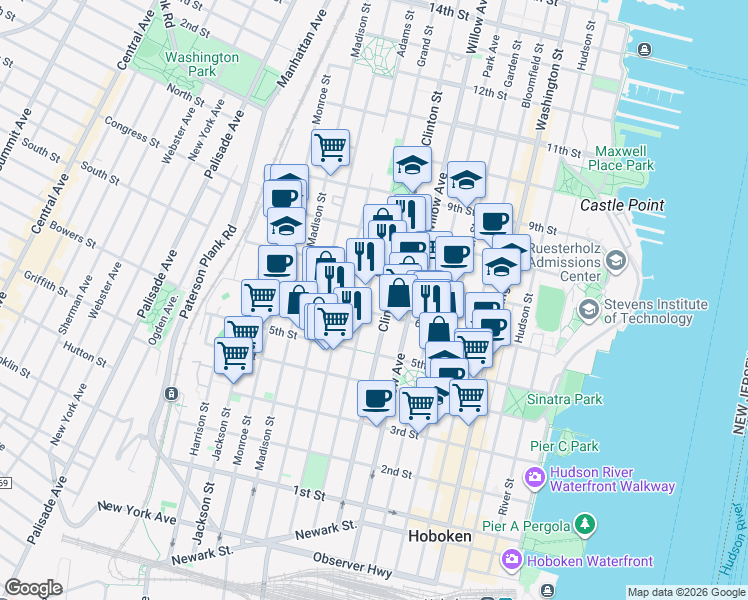 map of restaurants, bars, coffee shops, grocery stores, and more near 358 6th Street in Hoboken