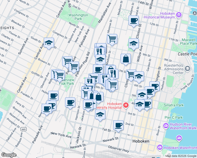 map of restaurants, bars, coffee shops, grocery stores, and more near 518 Monroe Street in Hoboken