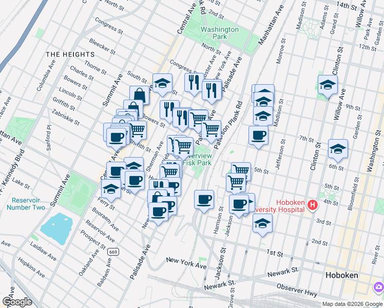 map of restaurants, bars, coffee shops, grocery stores, and more near 246 New York Avenue in Jersey City