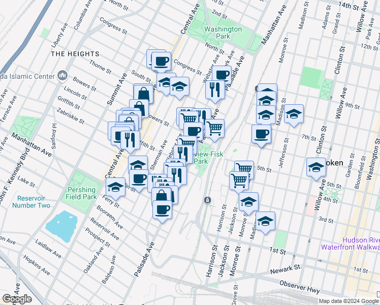 map of restaurants, bars, coffee shops, grocery stores, and more near 246 New York Avenue in Jersey City