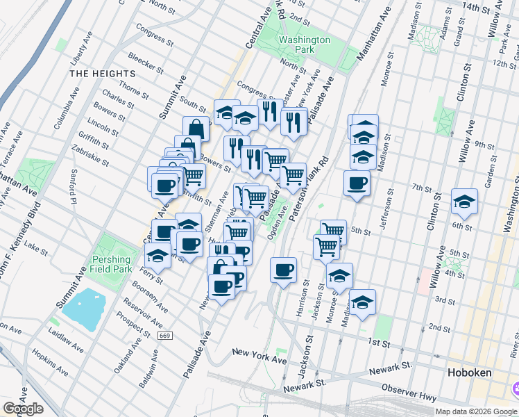 map of restaurants, bars, coffee shops, grocery stores, and more near 246 New York Avenue in Jersey City